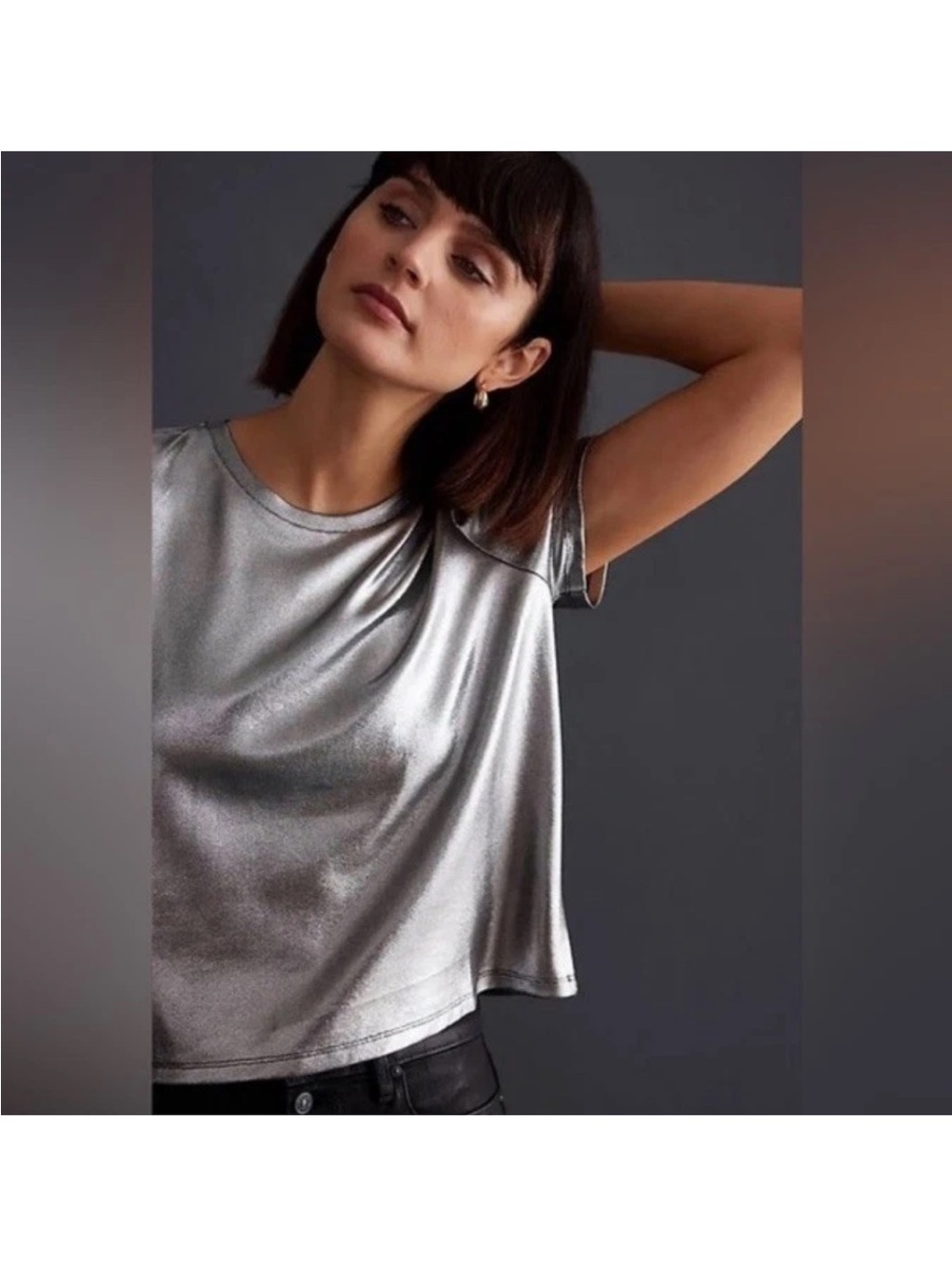 Porridge Top Womens M Silver Glam Tee Metallic Short Sleeve Shiny Shimmer Crew - Picture 5 of 10
